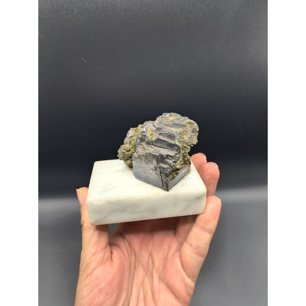 Vintage 1960s Galena & Pyrite Mineral Specimen on Italian Marble Base - 3" x 2", - Picture 2 of 8